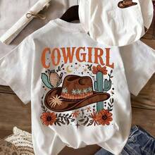 Camiseta de mujer, de algodón puro, de manga corta, con estampado de sombrero de vaquero del oeste, elegante y hermosa, de alta calidad, a la moda, suave y cómoda, con diseño de estilo retro americano, adecuada para uso diario, celebraciones y fiestas, o como regalo para las fiestas, una blusa casual holgada y única. - Verde - Ver 7