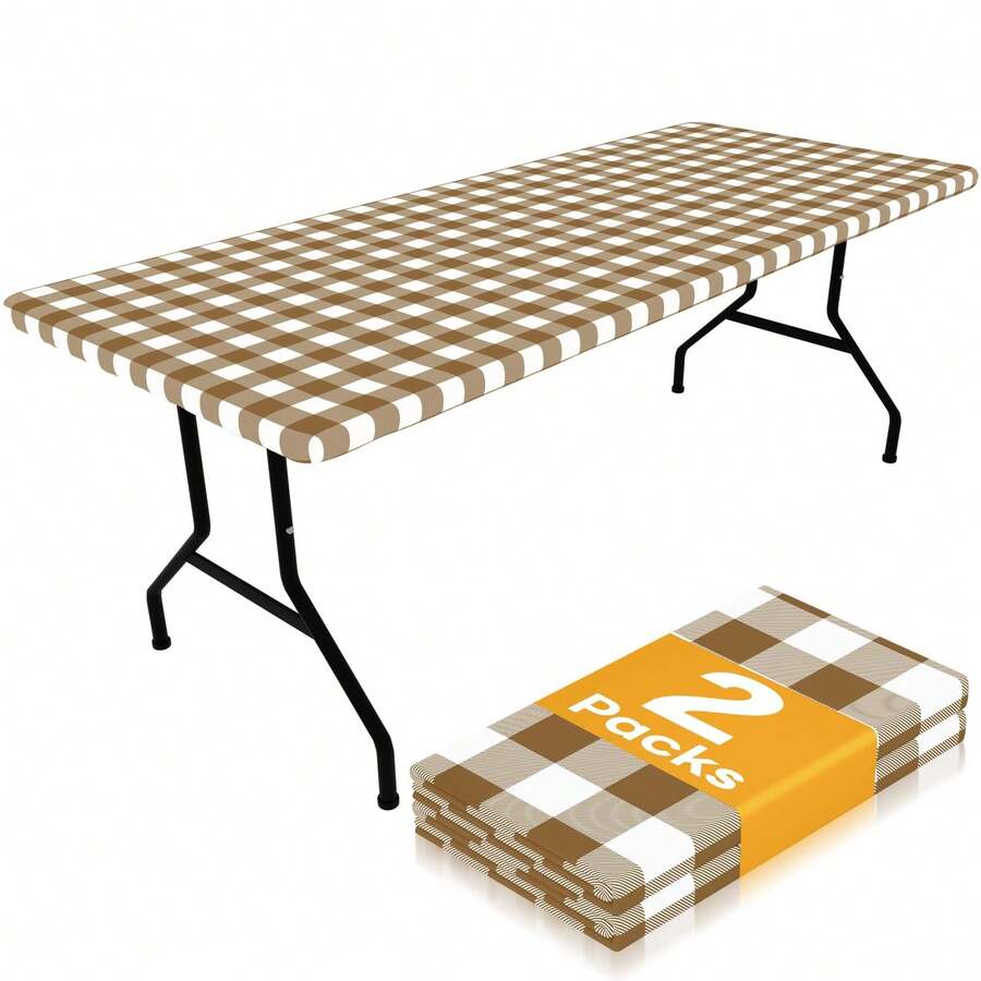 Picnic Table Cloth 2 Packs, Waterproof Elastic Fitted Tablecloths For 4 6 8FT Rectangle Tables, Washable Polyester Buffalo Plaid Tablecloth For Camping, Dining & Outdoor - Multicolor - View 1