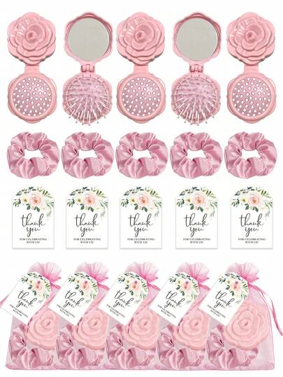 4/20pcs Set Includes Pink Heart Pattern Folding Hair Brush, Mirror, Cards, Drawstring Pouch, Hair Ties, Suitable For Women, Bridesmaids, Wedding Gifts, Wedding Celebrations, Birthday Parties, Valentine's Day