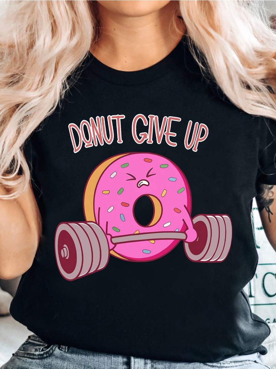 Camiseta Casual de Verano con Estampado de Donut Donut No Te RindasDaily Casual Round Neck Short Sleeve-Shirt Women - Negro - Ver 1