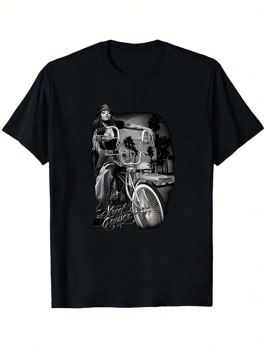 Men's Graphic Tee Featuring Chicano Street Art - DGA D'Gonzales Design With A Lowrider Motorcycle And Palm Trees, Ideal For Casual Wear Throughout The Year, Offering Comfort With A Classic - màu đen - Xem 1