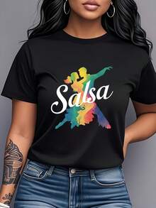 Camiseta con estampado de Salsa Arcoíris, de manga corta y cuello redondo, ropa de mujer, moderna, a la moda, versátil, adecuada para uso diario casual, fiestas, reuniones, práctica de baile, fitness, deportes y como regalo. Camiseta de mujer de algodón puro con estampado. - Negro - Ver 7