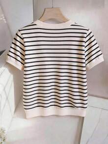 Nueva camiseta de mujer de manga corta con cuello en V a rayas - Multicolor - Ver 4