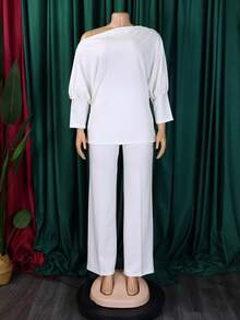 Women's Autumn Outfit In Solid Color With A Slanted Neck Top And Wide-Leg Pants - White - View 2