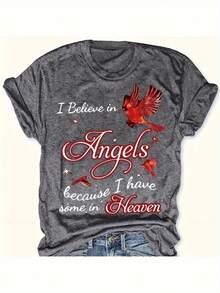 Nueva Camiseta de Moda para Mujer con Cuello Redondo 2026 - Estampado de letras doradas I Believe in Angels, top casual, camiseta diaria de fibra transpirable con patrón de hojas rojas, color morado oscuro para primavera/verano/otoño, versátil y fácil de combinar, camiseta base elegante y cómoda, camiseta con estampado inspirador. Diseño versátil para el verano. - Negro - Ver 10