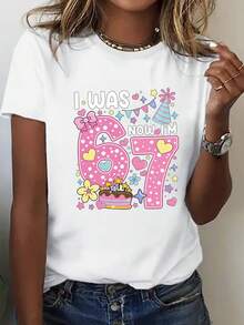 Plus Size Women's Birthday T-Shirt With The Phrase "I Was 66 Now I'm 170.18cm" - Funny Birthday Gift, Casual Crew Neck Blouse Suitable For 66th Birthday Parties And Casual Outfits, Machine Washable Letters - 白色 - 查看 6