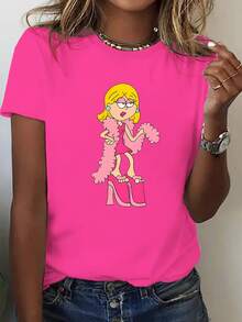 Plus Size, Women's T-Shirt With Cartoon Print Of A Blonde Girl, With Pink High Heels And A Teddy Cape, Letter Print, Plus Size, Round Neck. - 玫紅色 - 查看 6