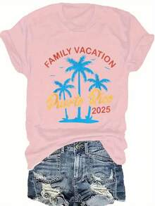 Women's Plus Size Graphic T-Shirt With Puerto Rico Design - Casual Short Sleeve Crew Neck Top With Palm Tree Design, Bright Pink, Perfect For Spring And Summer, Casual Spring Wear | Family Vacation Design | Vibrant Print T-Shirt, Puerto Rico T-Shirt - 粉色 - 查看 1
