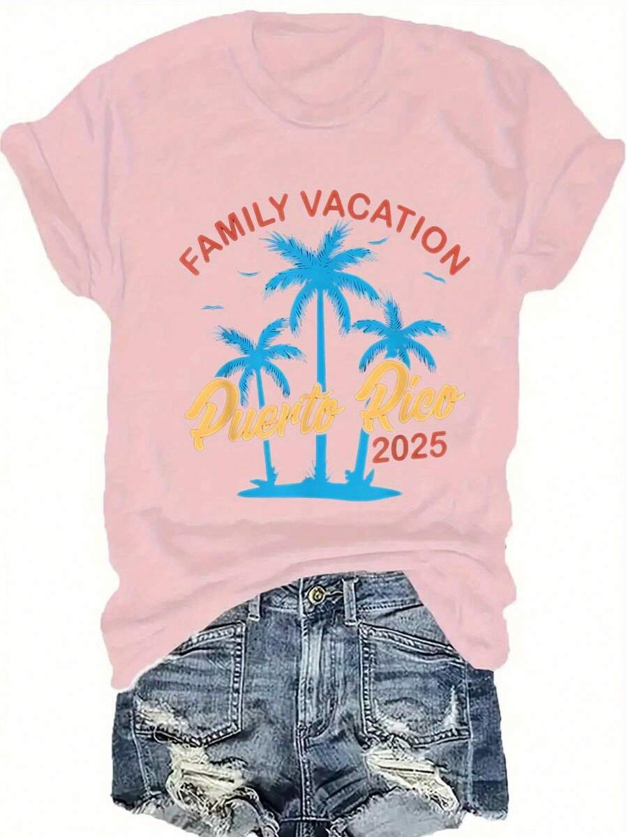 Women's Plus Size Graphic T-Shirt With Puerto Rico Design - Casual Short Sleeve Crew Neck Top With Palm Tree Design, Bright Pink, Perfect For Spring And Summer, Casual Spring Wear | Family Vacation Design | Vibrant Print T-Shirt, Puerto Rico T-Shirt - 粉色 - 查看 1