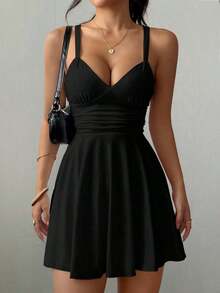 Vestido corto de punto sexy y elegante con escote en V, cintura fruncida y tirantes finos para mujer - Negro - Ver 3