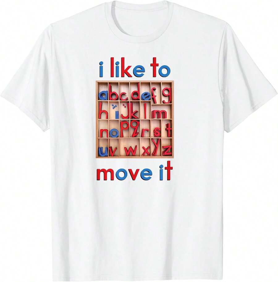 Alfabeto Móvil Montessori - Me gusta moverlo - Camiseta Divertida, Camiseta Básica de Moda de Algodón Puro de Manga Corta, Silueta Holgada Casual para Mujeres Jóvenes, Textura Suave y Amigable con la Piel para Moda Urbana, Vacaciones, Viajes, Vida Escolar, Fiestas, Uso Diario al Aire Libre. - Blanco - Ver 1