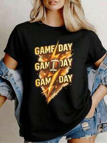 Game Day Lightning Football Women's Crew Neck Loose Fit Casual Relaxed Fit Art Print T-Shirt woman Todo tipo de impresiones, chaqueta, camiseta de cuello redondo, casual, para oficina, para viajar, muy popular, viento deportivo, estampado/patrón, camiseta de algodón 100%, camiseta casual, cómoda, suave, transpirable The latest popular bestseller - Negro - Ver 8