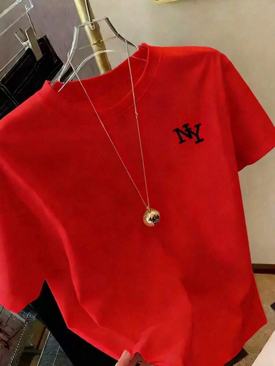1 Piece Casual Fashion For Men And Women, Women's Simple Print Short Sleeve T-Shirt, Round Neck, Printed T-Shirt, Loose And Comfortable Top For Women, Versatile For Summer, Easy To Match, For Daily Wear, Urban Style, Vacation Clothes, Weekend Clothes. - 紅色 - 查看 1