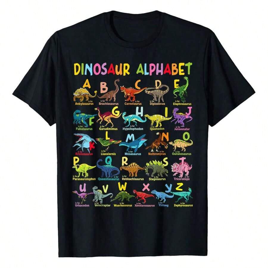 1 Piece Women's T-Shirt With Dinosaur Types And Alphabet A-Z Print, Super Soft And Breathable Cotton | Comfortable Fit, Versatile Style For Everyday Wear, Suitable For All Seasons. 180g 100% Cotton, Designs Are Printed. Unisex. - 黑色 - 查看 1