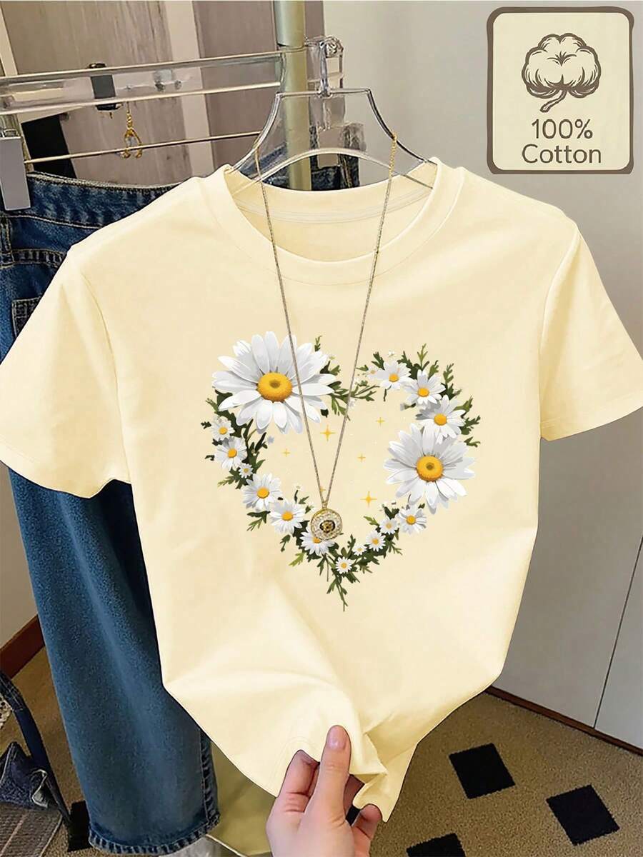 Camiseta 100% algodón con estampado de corazón y margaritas, cuello redondo, manga corta, cómoda y transpirable para uso diario en verano, ropa de verano para mujer. - Caqui - Ver 1
