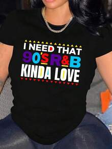 Camiseta de manga corta con estampado de letras para mujer, cuello redondo, informal, negra, estilo casual. - Negro - Ver 7