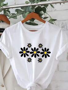 Camiseta de Moda con Estampado de Patrones y Cuello Redondo, Talla Estándar, Ropa de Mujer, Prendas de Mujer - Estilo Vintage Urbano, Unisex, Holgada, de Algodón, Manga Corta, Cuello Redondo, blusas para mujer, playeras de mujer, blusas casuales para dama. - Blanco - Ver 7