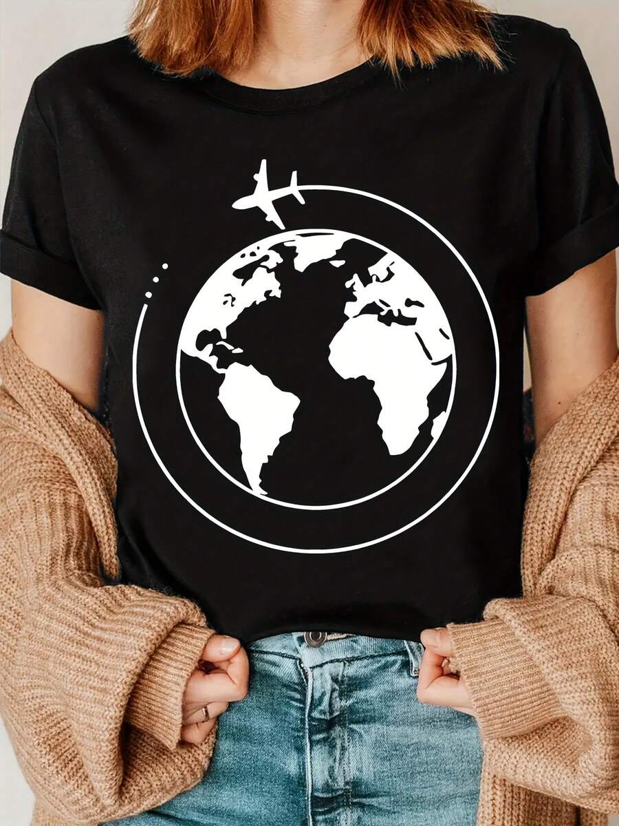 OversizeCamiseta con estampado de mapa del mundo, un bonito regalo para los amantes de los viajes. - Negro - Ver 1