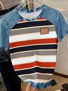 Camiseta casual de mujer de cuello redondo y manga corta con estampado de letras y rayas - Multicolor 9 - Ver 3