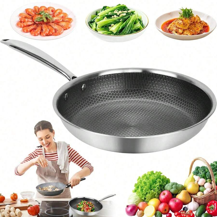 30cm Edelstahlpfanne Mit Verlängertem Griff & Wabenstruktur – Für Schadstoffreies Braten, Backen Im Backofen & Auf Allen Herdarten, Inklusive Deckel - Übersicht 1