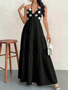 Vestido maxi sin espalda con cuello halter de crepé y lazo para ocasiones en complejos turísticos y bodas - Multicolor 5 - Ver 5