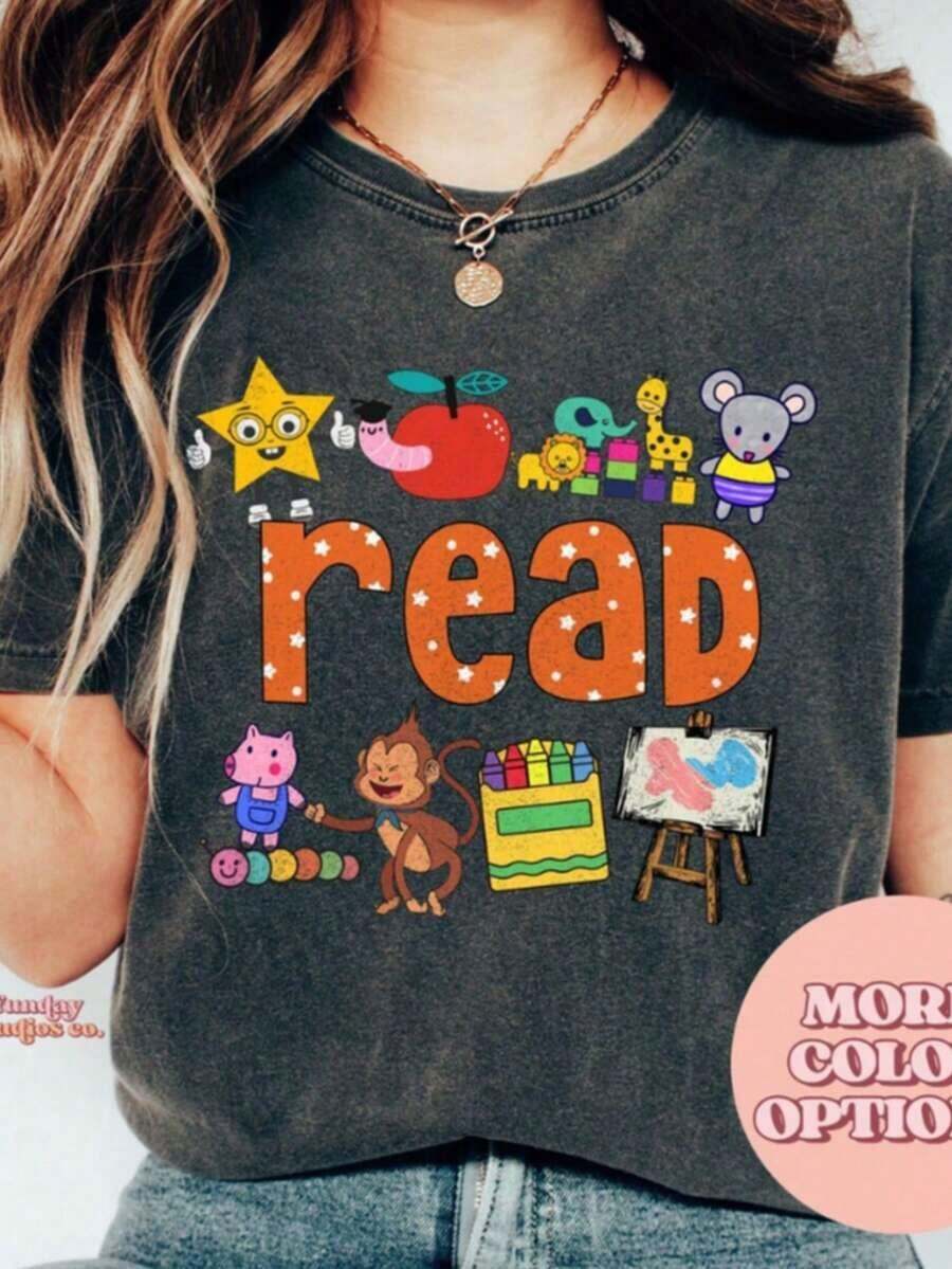 1 Piece Teacher T-Shirt With Book Print For Kids Comfort Colots, Women's Oversized Graphic Tees, Book Lover T-Shirt, Elementary School Teacher T-Shirt, Kindergarten T-Shirt, Women's Summer T-Shirts And Blouses, Pure Cotton Short Sleeve Crew Neck T-Shirt, 180g 100% Cotton, All Designs Are Printed. Unisex. - 黑色003 - 查看 1