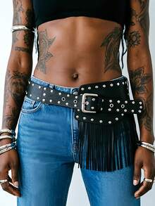 Western Cowgirl Style Black Fringe Rivet Belt, Personalized Wide Leather Belt, Suitable For Dresses And Jeans, Baddie Y2K Punk Rivet Fringe Wide Waist Belt - Multicolor - View 5