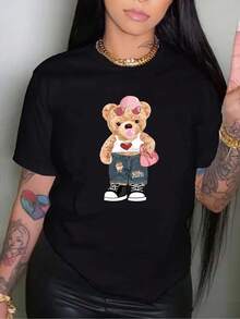 Women's Short-Sleeved Cotton T-Shirt With Graphic Print Of A Bear Wearing Glasses, Casual Short-Sleeved Round Neck Top, Stylish Women's Clothing For All Seasons. - 黑色 - 查看 1