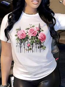 Camiseta de algodón de manga corta para mujer, camiseta casual con estampado floral - Top de manga corta suave y transpirable con rosas rosadas y hojas verdes, cuello redondo, perfecta para primavera y verano, camisetas para damas. - Blanco - Ver 6