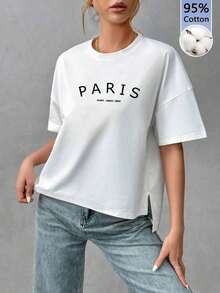 Camiseta holgada de estilo minimalista casual para mujer, con parte delantera corta y parte trasera larga, versátil para usar en la calle, adecuada para primavera y verano - Blanco 5 - Ver 1