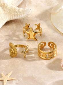 3pcs/Set Stainless Steel 18K Gold Plated Starfish, Shell, Conch Beach Vacation Style Rings Set, Suitable For Women Daily, Summer Beach Travel Wear - Gold - View 7