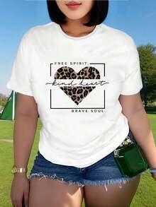 Camiseta blanca casual de manga corta para mujer con estampado de leopardo, corazón y gráfico "Free Spirit Kind Heart Brave Soul", corte holgado, cuello redondo, tela lavable a máquina para primavera, verano y otoño, ropa de vacaciones, camiseta con gráfico audaz, ropa para todas las estaciones, ropa casual, diseño de corazón, camiseta duradera, blusa elegante, ropa. - Blanco - Ver 7