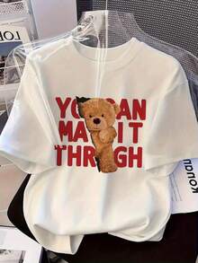 Camiseta Casual de Manga Corta con Cuello Redondo para Mujer - Estampado Gráfico de Oso de Peluche y "You Can Make It Through", Elasticidad Media, Lavable a Máquina, Top Cómodo para Todas las Temporadas, Camiseta de Oso de Peluche, Ropa Motivacional, Diseño Divertido, Material No Transparente, Camiseta Y2k - Blanco - Ver 10