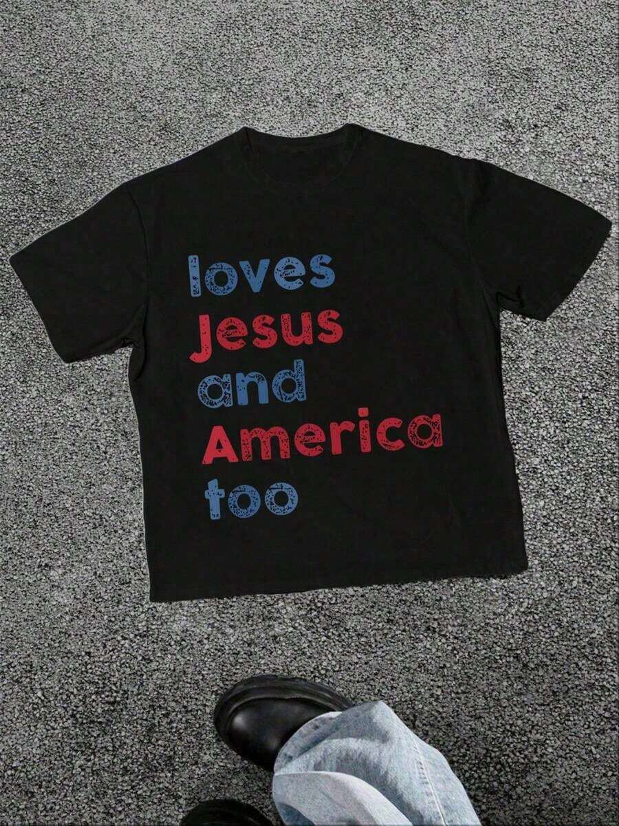 1 pieza Camiseta con estampado "God Christian 4th Of July Loves Jesus And America Too" para verano, camiseta de manga corta suave para mujer, camiseta elegante y cómoda para mujer, camisetas con estampados gráficos, 180g 100% algodón, todos los diseños están impresos. Unisexo. - Negro - Ver 1