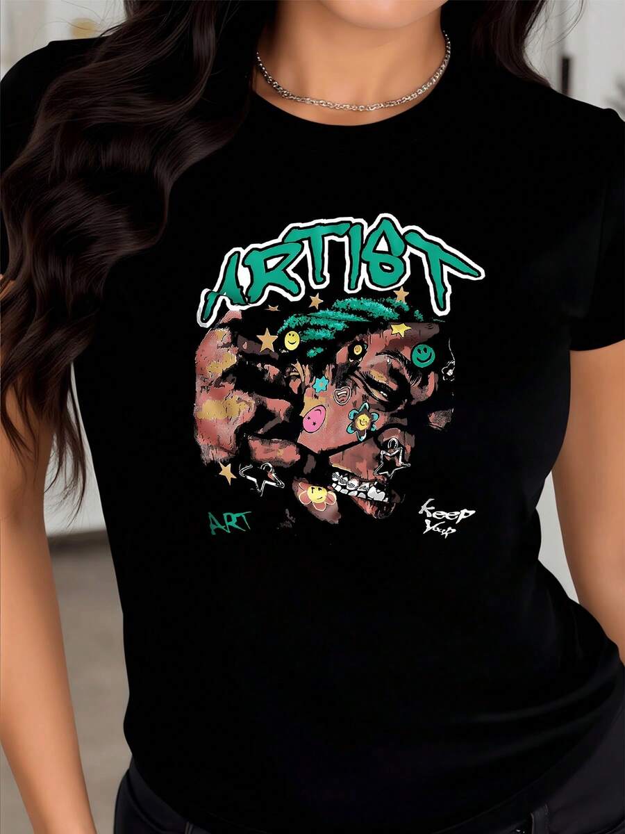 An Artistic Face Formed By Intense Colors And Urban Symbols That Represent Creativity And The Duality Of Human Emotions Reflected In Contemporary Expressions. Modern Casual Graphic Art Women's T-Shirt - 黑色 - 查看 1