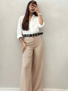 Pantalones casuales de pierna acampanada con diseño minimalista para mujer, adecuados para ir al trabajo, la oficina, uso diario, todo el año, color rosa primaveral - Caqui - Ver 5