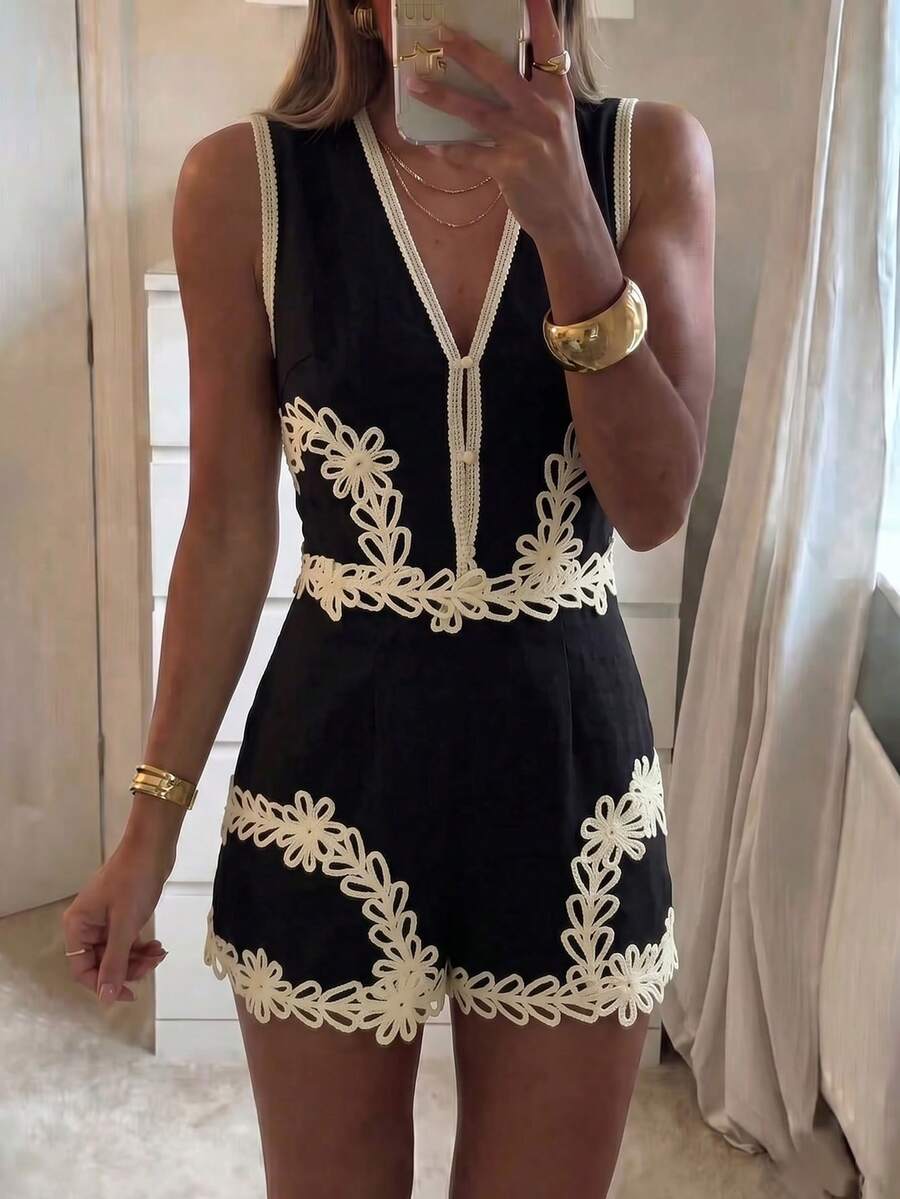 Bộ đồ mùa hè phong cách Bohemian dành cho nữ của Look Polly, gồm áo tank top không tay thêu và chân váy màu đen. - màu đen - Xem 1