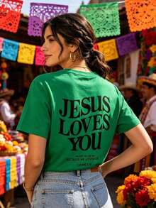 short-sleeveCamiseta informal de algodón roja para mujer con estampado "Jesús te ama", mangas cortas regulares, cuello redondo y tejido ligeramente elástico, perfecta para un estilo bonito y festivo.100% Cotton - Verde - Ver 6
