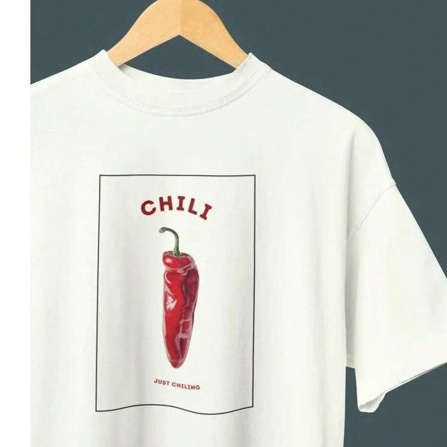 Unique Minimalist T-Shirt Made Of Pure Cotton With A Sweet And Cool Chili Print, Loose Fit, Short Sleeves, Comfortable And Versatile. - 白色短袖 - 查看 1