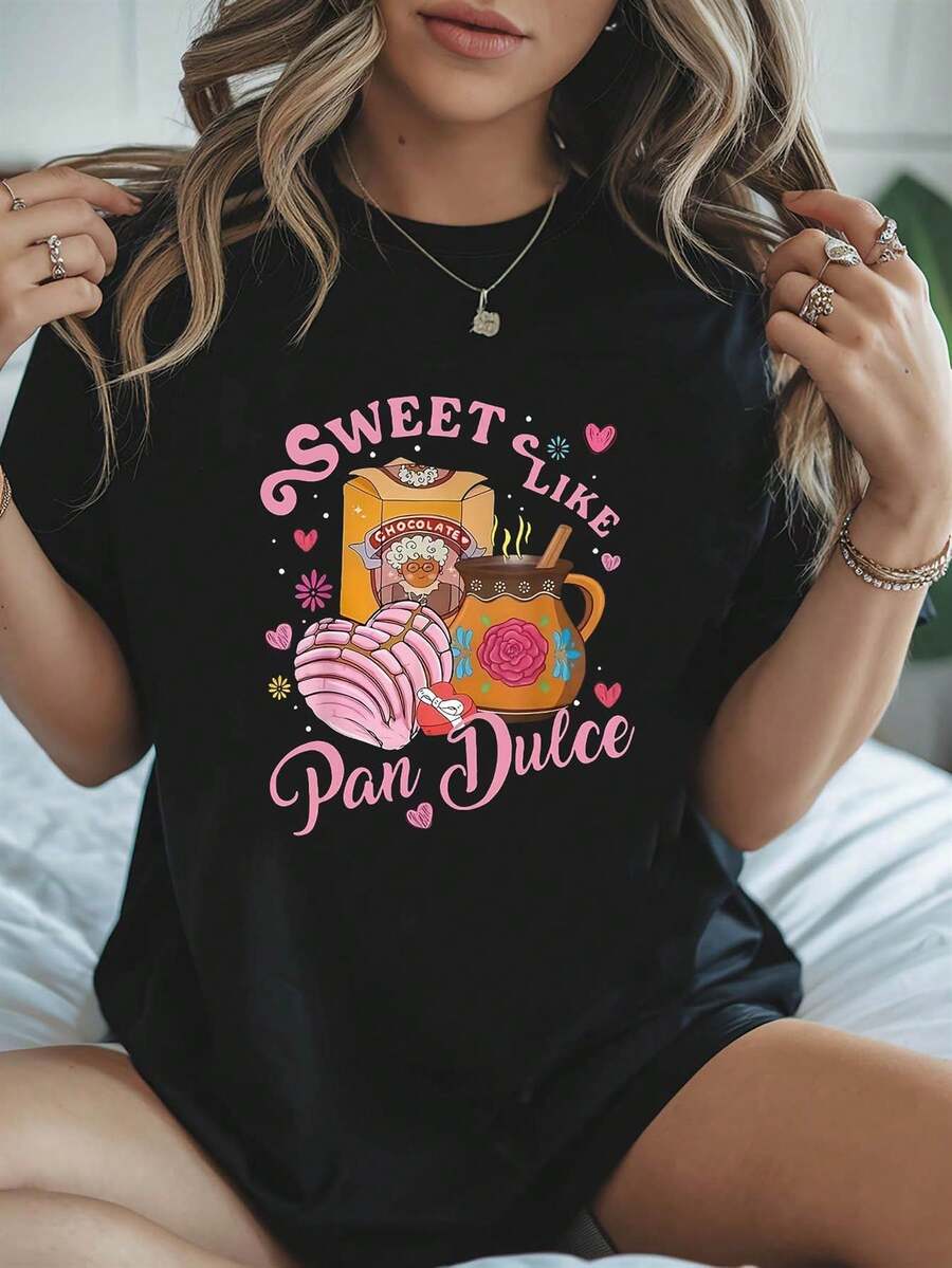 Camiseta de mujer con diseño de donut estilo español - Patrón de repostería española en rosa y amarillo, suave y transpirable, de manga corta y cuello redondo, ideal para uso diario, una opción de moda primaveral para amantes de la cultura española. Camisetas gráficas de verano para mujer, camiseta casual estampada de manga corta y cuello redondo, moda urbana local de primavera/verano. - Negro - Ver 1