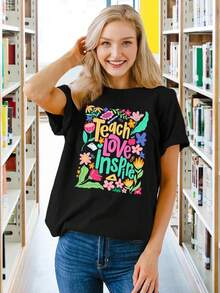 PECHAR - Short-Sleeved T-Shirts For Teachers, Bohemian Design, Wild Floral Design - Black - View 2