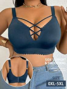 Plus Size Women's Solid Color Wireless Bra, Breathable Non-Slip Lift And Support, Seamless Everyday Wear - Navy Blue - View 1