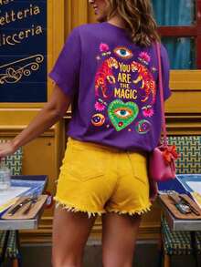Summer Offer: Women's Pure Cotton T-Shirt, Short Sleeve T-Shirt With Urban Casual Graphic Design, Cute Summer Top, Stylish Pure Cotton T-Shirt. - 紫色 - 查看 3