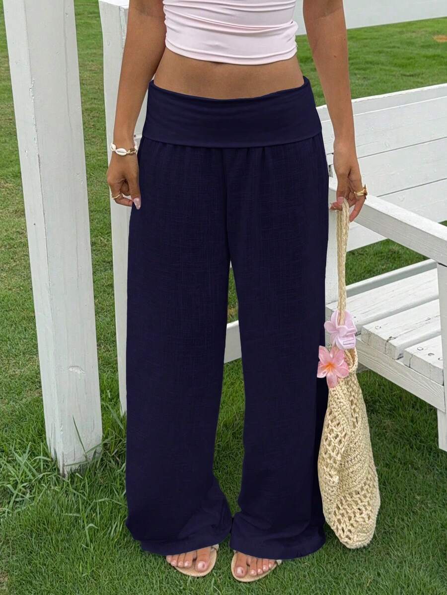 Women's Low Waisted Pants Solid Color Wide Leg Loose Fit Trousers Women Comfortable Casual Daily Wear - Azul Marino - Ver 1