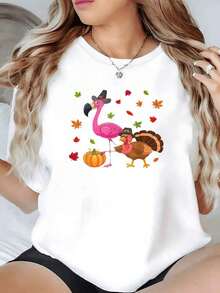 UniFlamingo Women's Casual Vintage Urban Style T-Shirt With Turkey And Pumpkin Design, 220g, For Halloween And Thanksgiving, 100% Cotton, 1 Piece, Fun Graphic Print T-Shirt, Relaxed Fit, Crew Neck, Short Sleeve, 100% Breathable Cotton - 白色 - 查看 8