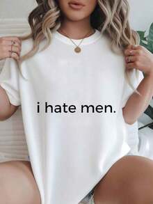 Camiseta Casual de Manga Corta para Mujer - Camiseta de Verano con Cuello Redondo "I Hate Men", Lavable a Máquina, Camisetas para Damas, Ropa Casual, Estilo Moderno, Ajuste Cómodo_x000D_ 
 Blanco - alta calidad - Blanco - Ver 8