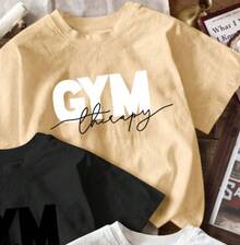 Women's Activewear Set - English Print T-Shirt: Casual Crew Neck, Short Sleeve, Machine Washable Polyester, Perfect Versatile Option For Spring/Summer, Stylish Retro Summer Activewear T-Shirt With Crew Neck And Short Sleeves. Loose-Fitting, Casual, And Versatile T-Shirt. One Piece, Not A 3-Piece Set. Choose One Of The Three Sizes For Everyday Wear, Christmas, Easter, And All Holidays. - 卡其色 - 查看 2