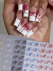 5pcs/Set Handwritten Letter Nail Stickers, Black/Red/Blue/Gold/Silver 3D Self-Adhesive Nail Art Decals, DIY Nail Supplies For Women - Multicolor - View 3