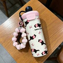 1個 600ML 不鏽鋼保溫杯，附貓咪圖案、粉色珍珠掛繩與黑色矽膠吊繩、杯蓋與矽膠吸管，適用於咖啡、茶、果汁、冷熱飲，適合戶外露營、辦公室、學校、居家使用，夏季生日禮物 - 彩色 - 查看 3
