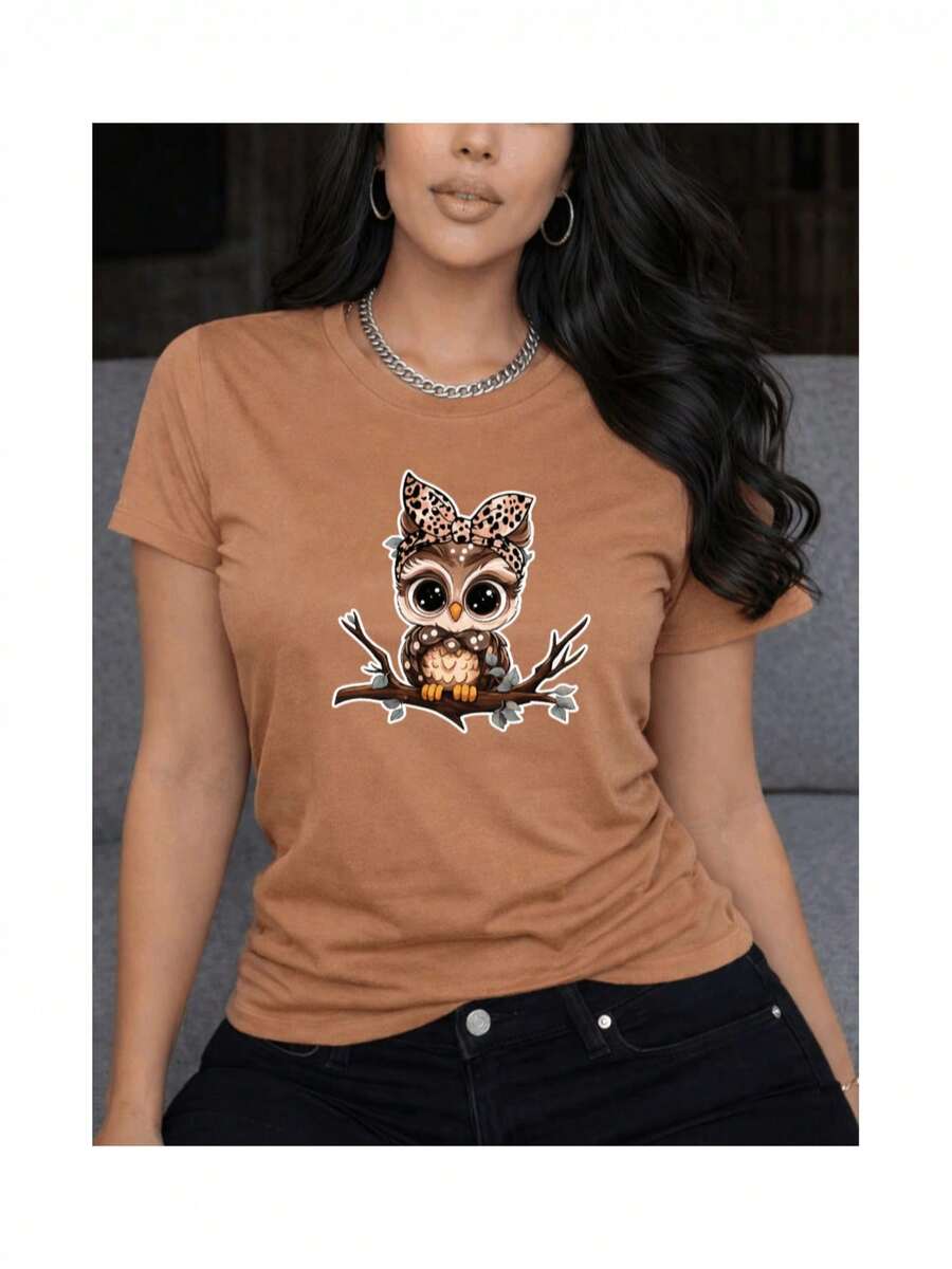 Playera Casual Mujer Estampado Búho Moño Animal Print Manga Corta Cuello Redondo Estilo Kawaii Chic Juvenil Tierna Dulce - Caqui - Ver 1